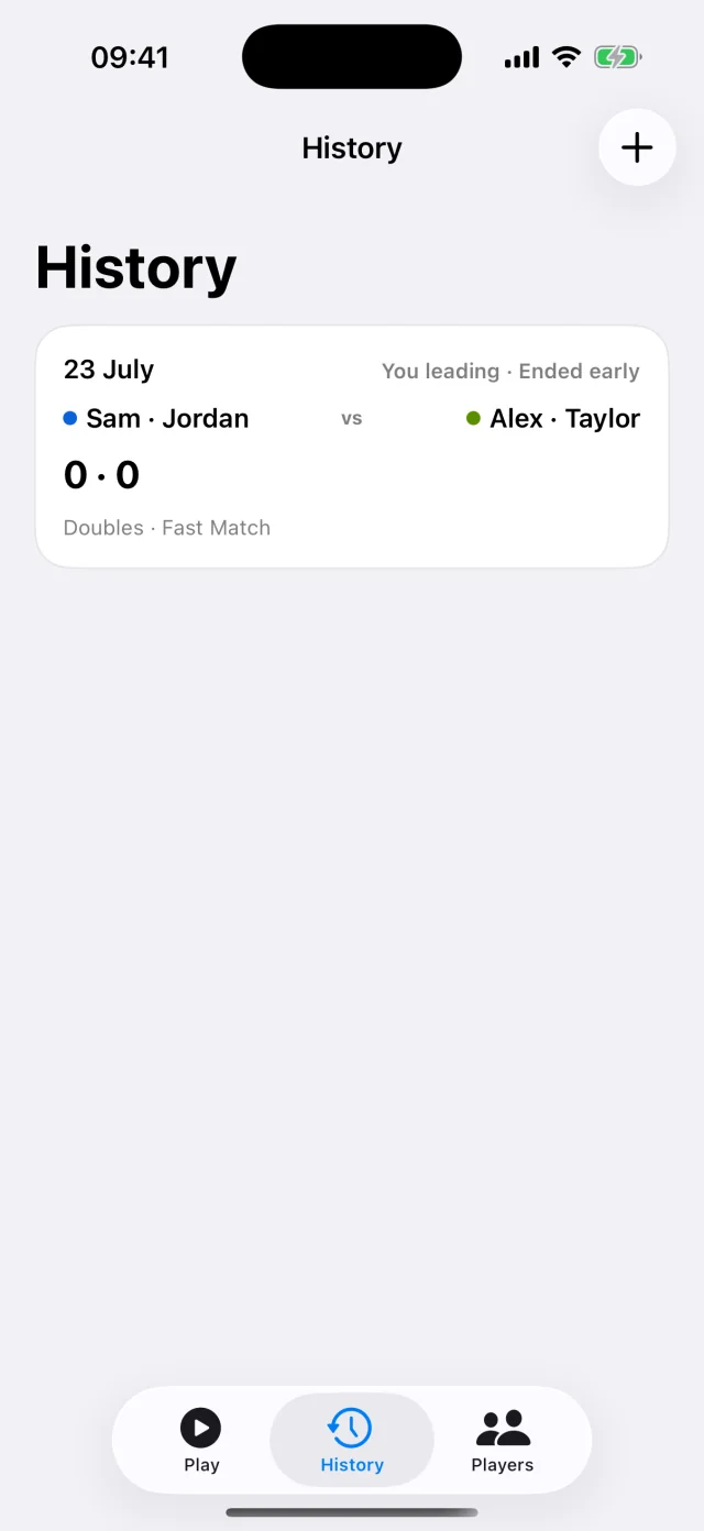 Padelly match history showing scores, results, and match durations